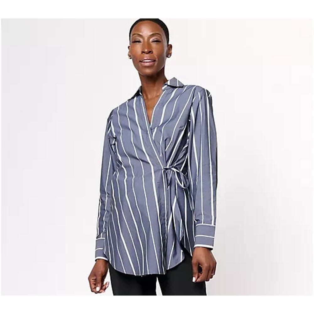 Studio Park x Leah Williams Woven Collared Wrap Shirt Size XL Graphite Stripe
